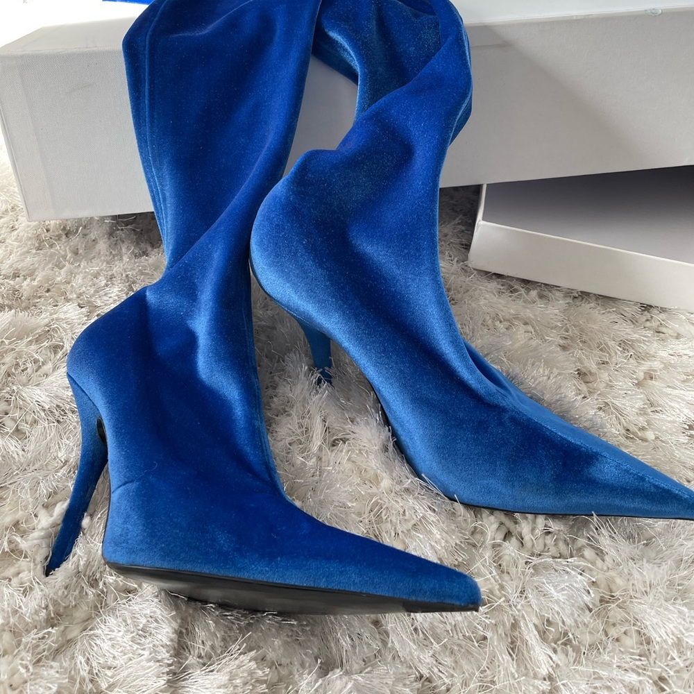 Balenciaga royal blue velvet thigh high boots, size 38